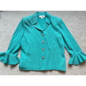 NWOT St. John Knits 4 Buttons Blouse in Teal Blue Flare Sleeve Size 6